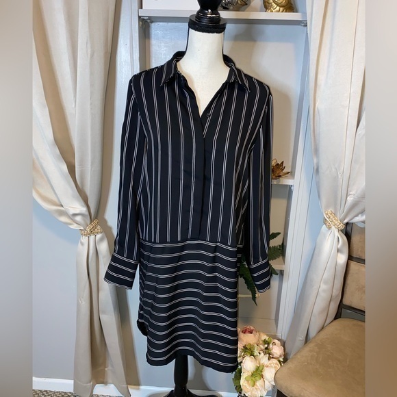 Cremieux Dresses & Skirts - Cremieux size Small EUC White Black Pinstriped Collard Shirt Long Sleeve Dress